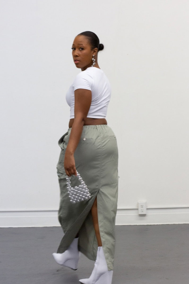 White satin cargo clearance skirt